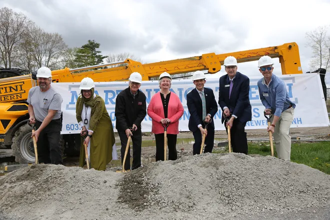 A groundbreaking was held for Redberry Farm in Epping May 9, 2024. From left are Roger Davis, Nesreen Itani, Dennis Miers, Deborah DeScenza, Rob Dapice, Ignatious MacLellan and Matt Billings. Credit=Deb Cram